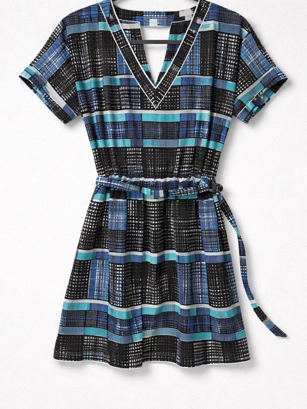Blue & Black Short Sleeve V-Neck Belted Dress, Banana Republic